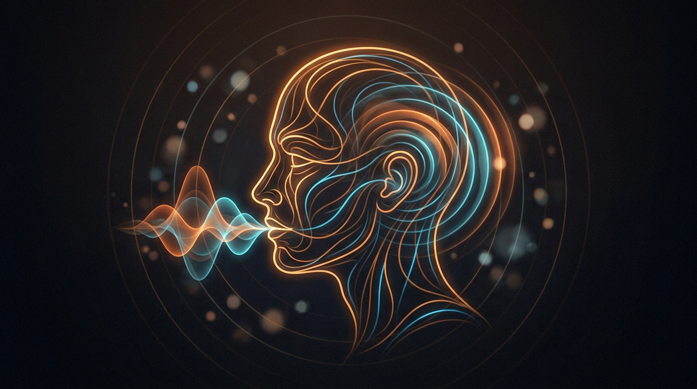 A line-art head in profile with voice waves flowing out and curving back to the ear
