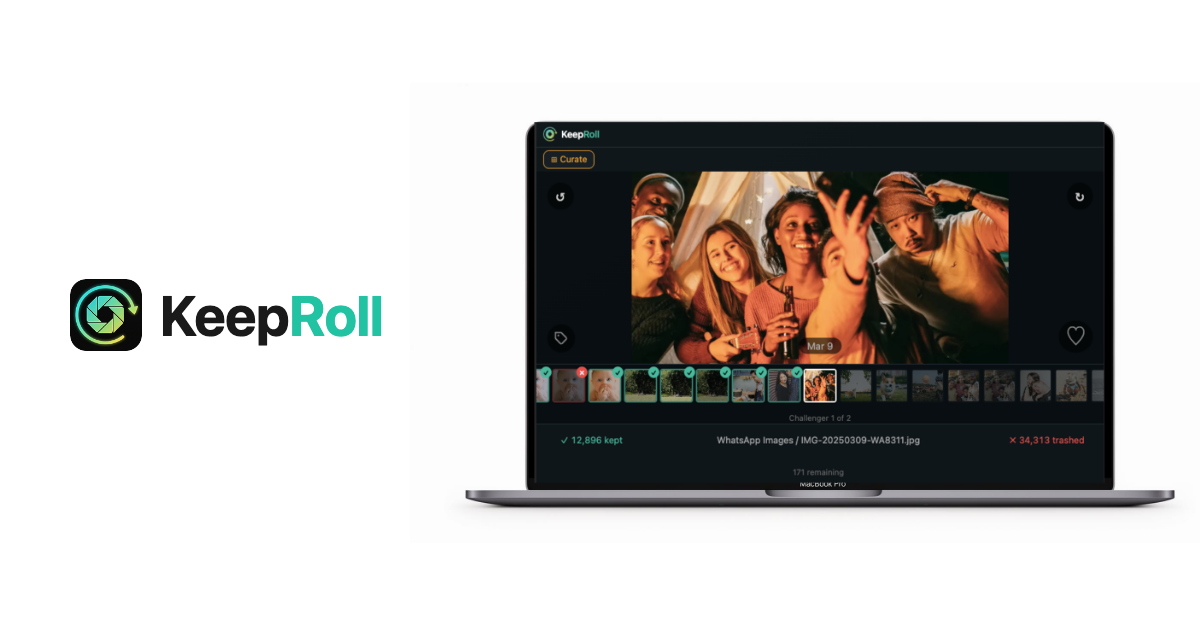 KeepRoll: a Mac app curating a photo library, showing kept and trashed counts