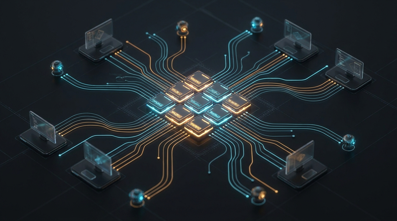A modular grid of glowing skill plugins connected out to every engineer's workstation